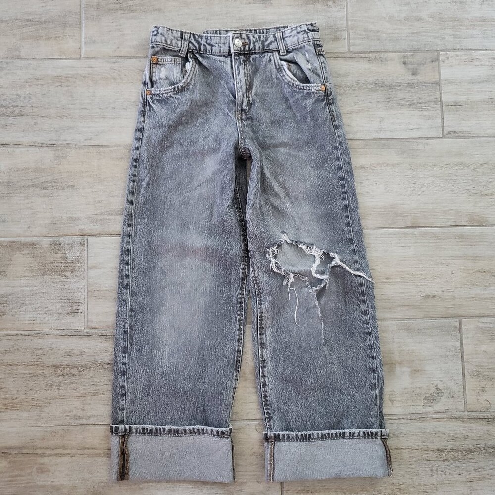 Zara Wide Leg Jeans Girl's Destroyed Knee Faded Grey High Rise Grunge Yr 13 - 14